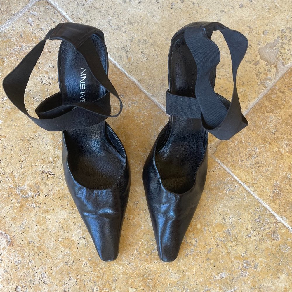 Nine West Leather Pointed Toe Kitten Heel Elastic Cross Ankle Strap Size 5M - Picture 2 of 6